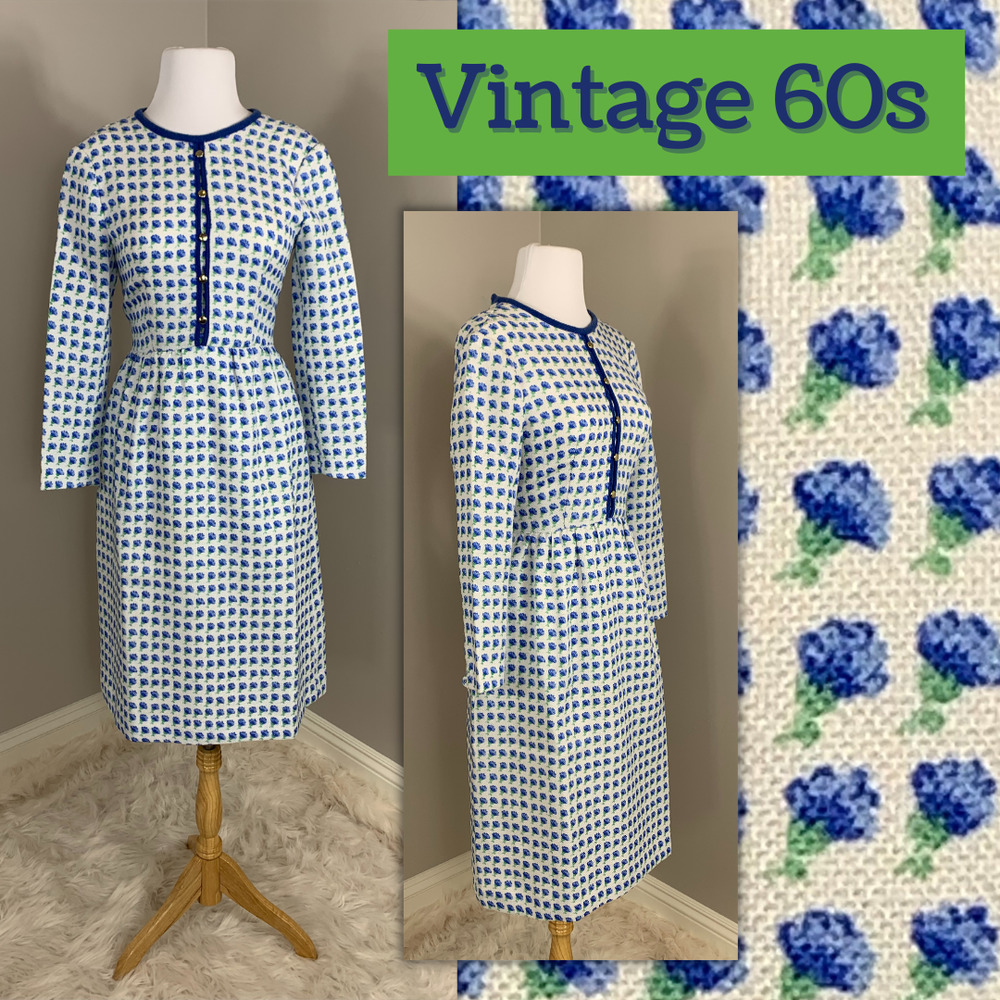 Vintage 50s 60s Sheath Dress Floral Blue Spring MsMaisel JackieO The Crown SZ XS